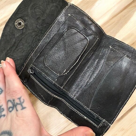 Vintage Black Denim Leather Tooled Wallet Rose Floral Wéstern - Picture 4 of 5